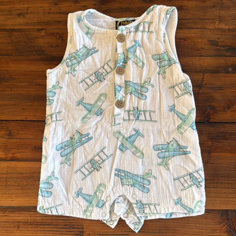 White and Blue Airplane Print Baby Romper